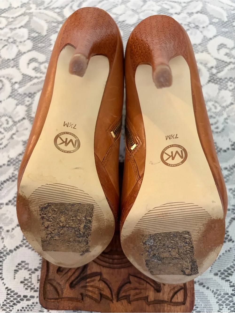 Michael Kors Leather Ankle Boots Brown Luggage Stiletto Heel Platform Booties